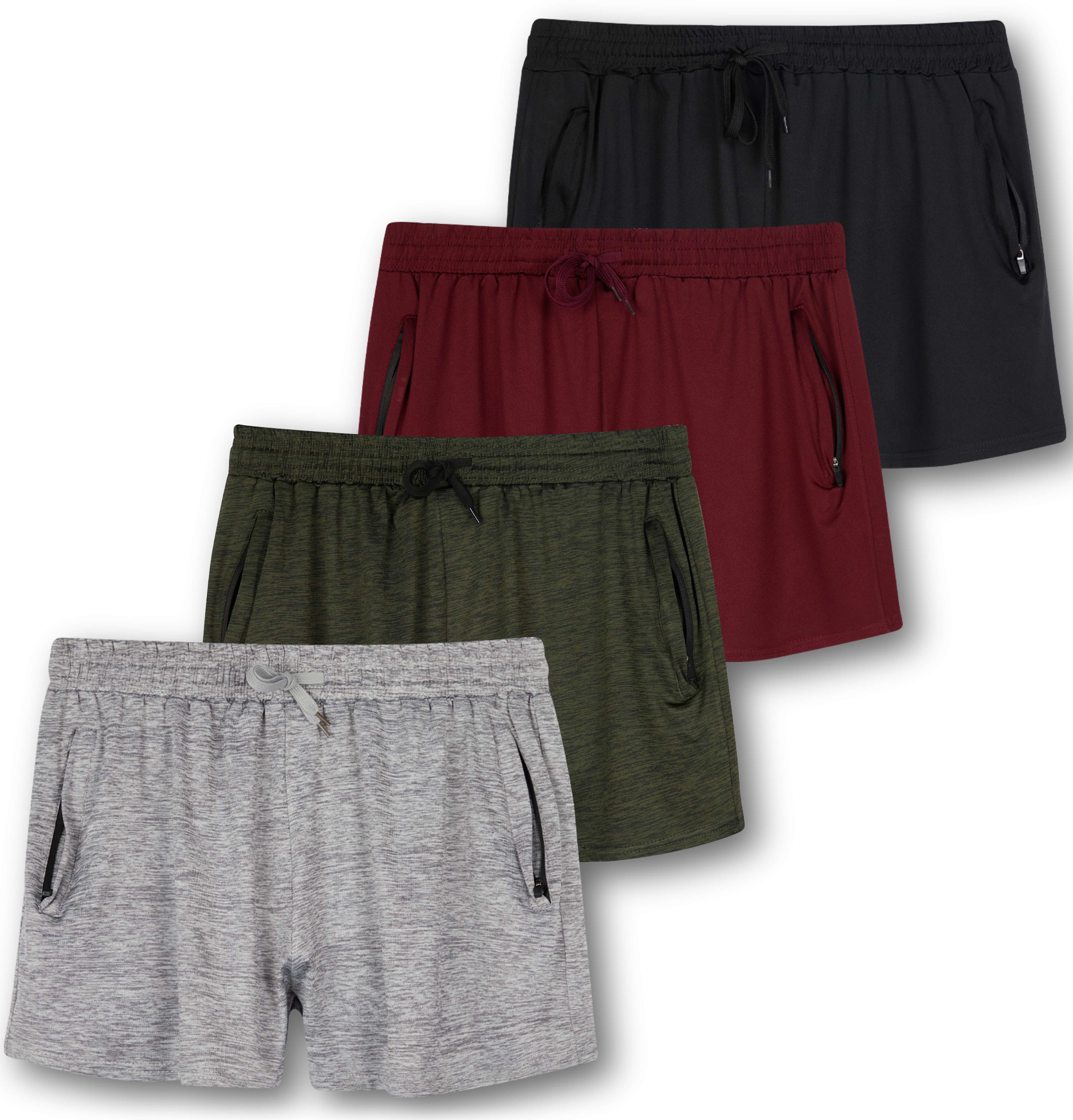 4 Pack: Womens Active Athletic Performance Dry-Fit Shorts with Zipper Pockets (Available In Plus Size)